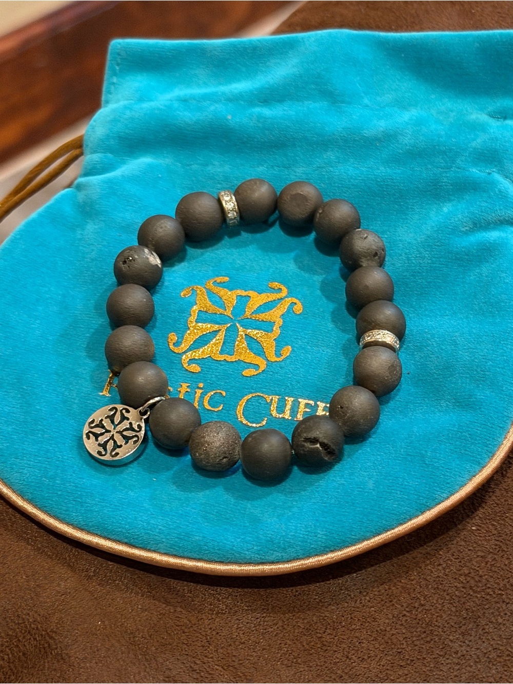Rustic Cuff Matte Black Lava Bead Bracelet with Silver Charm